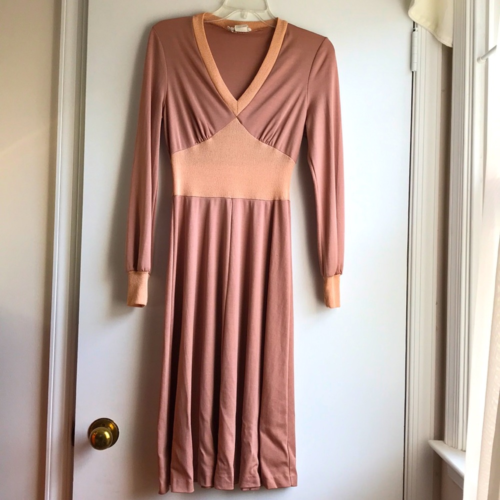 Vintage Rose Gold Taupe Dress with Accents long Sleeve S/M
